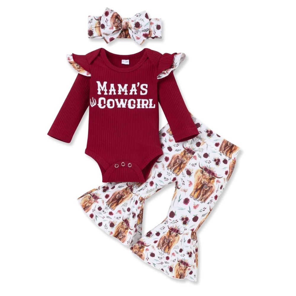 NEW! Western Ruffle Long Sleeve Bodysuit Flared Bottoms Bow Headband Size 6-12M